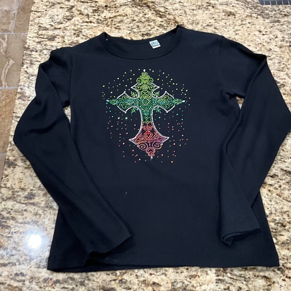 Bay Beauty Black Long Sleeve Top, Embellished Cross sz M (marked 2XL in error) - Picture 7 of 9